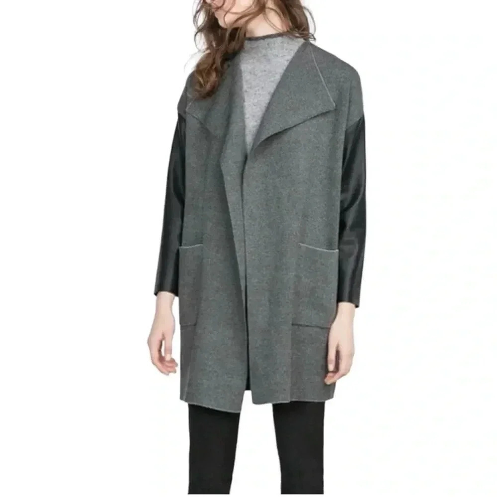Zara Knit Faux Leather Sleeve Open Coat Sz. M